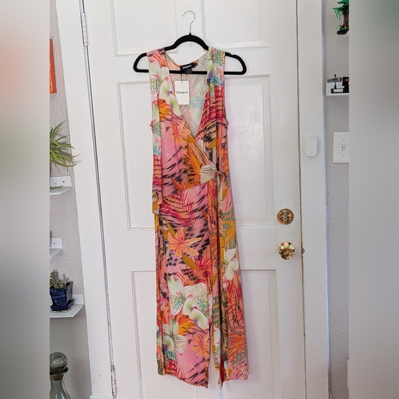 Desigual Tropical Floral Viscose Linen Jumpsuit NWT Size M Wide Leg Draped Artsy - Picture 2 of 5